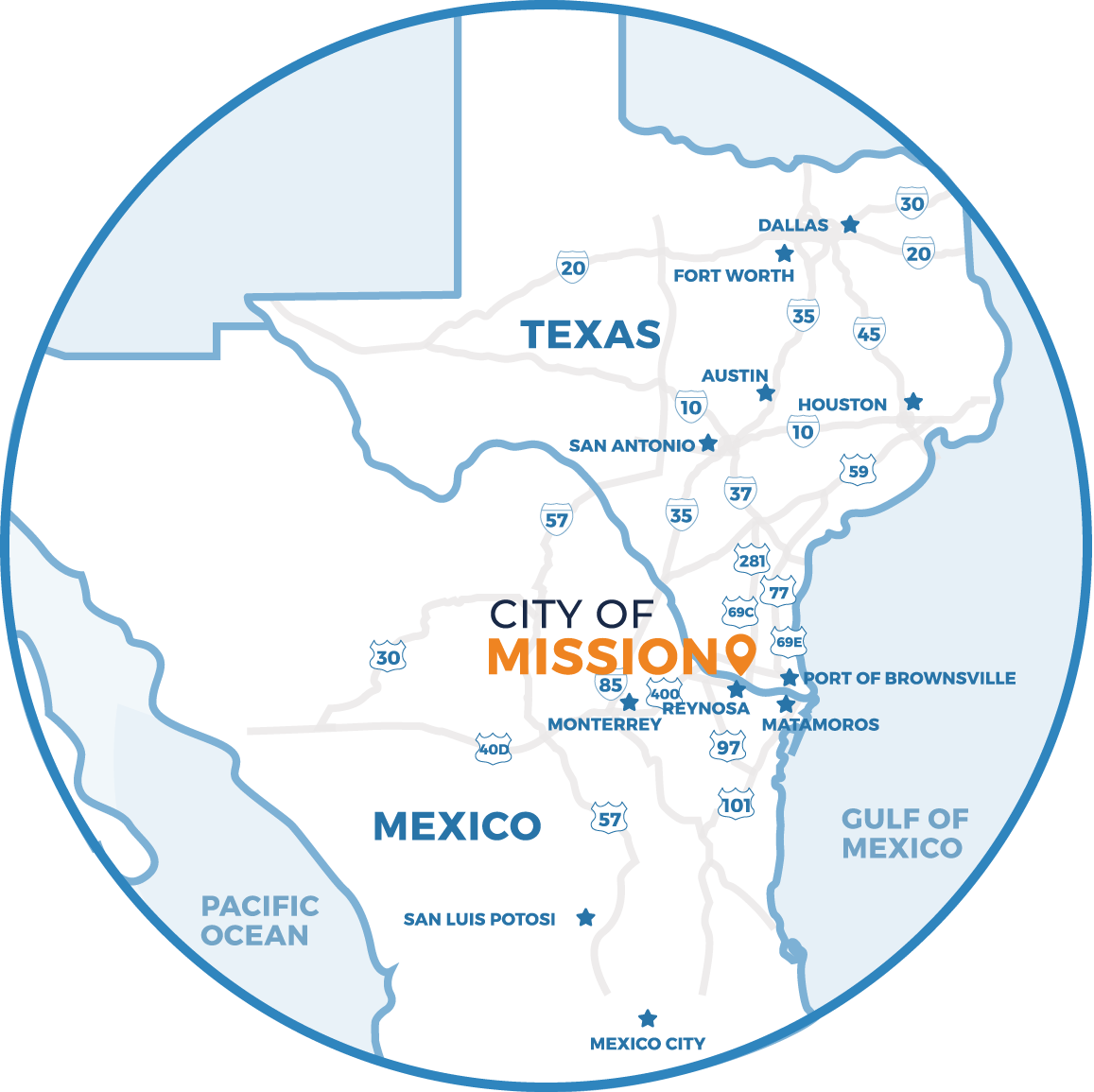 A blue map of the state of Texas, towns listed, and a location place for Mission, TX