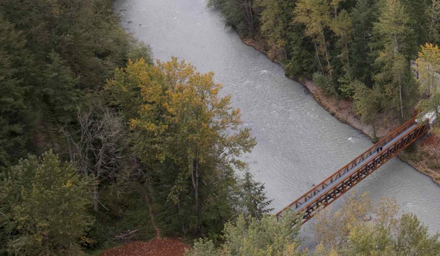aerial view of trees and a bridge at Game Farm Bridge in Auburn, WA