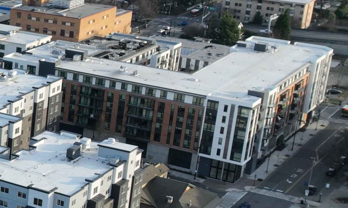 aerial view of Verge apartment complex on Main Street in Auburn