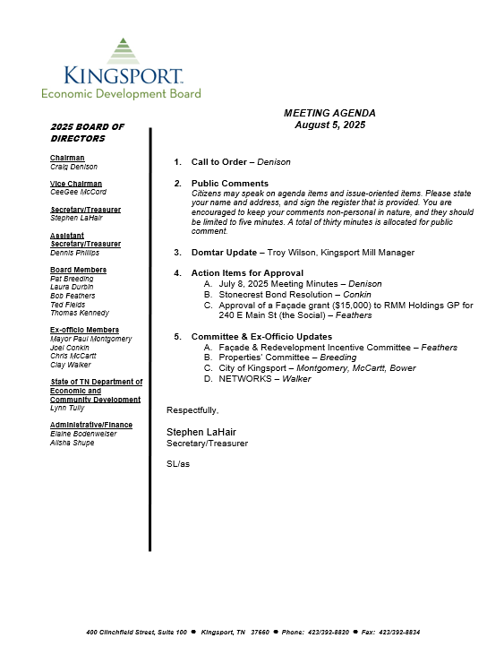 Thumbnail for Kingsport Economic Development Board Meeting Agenda August 5th, 2025