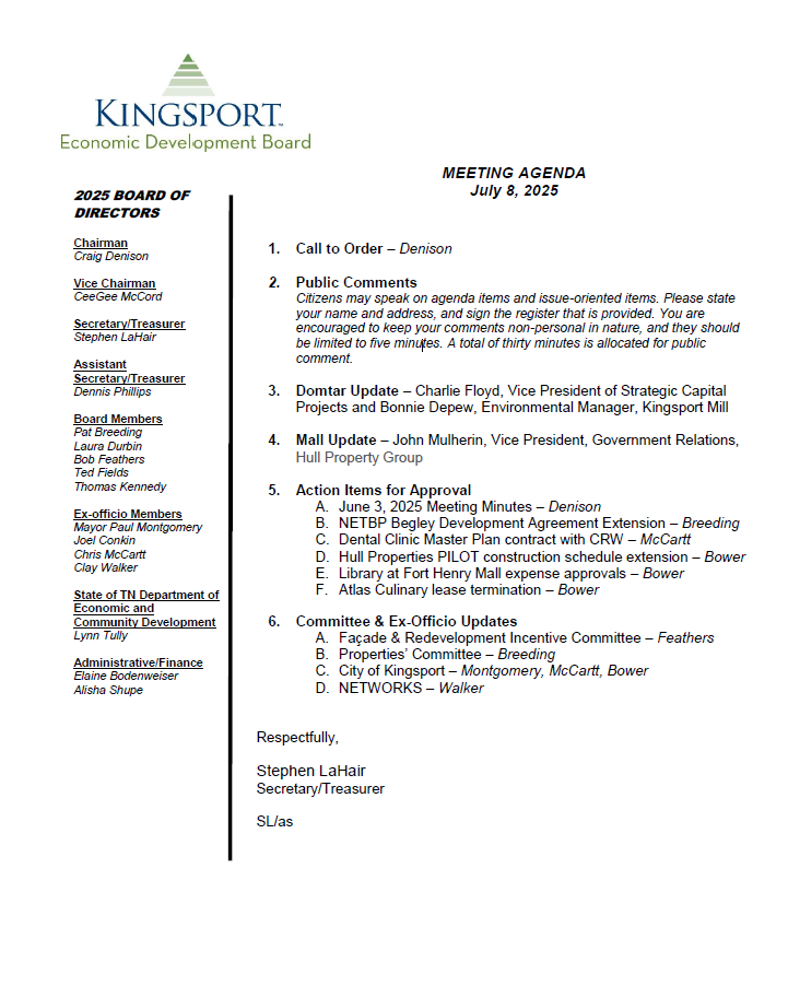 Thumbnail for Kingsport Economic Development Board Meeting Agenda July 8th, 2025