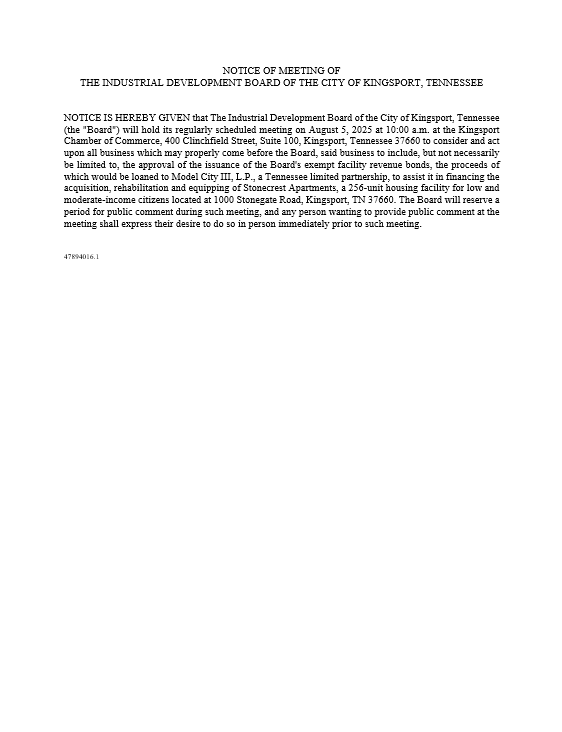 Kingsport Economic Development Board Meeting Notice Main Photo