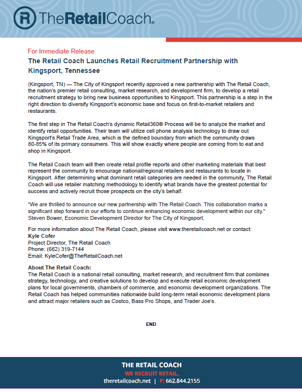 The Retail Coach Launches Retail Recruitment Partnership with Kingsport, Tennessee! Main Photo