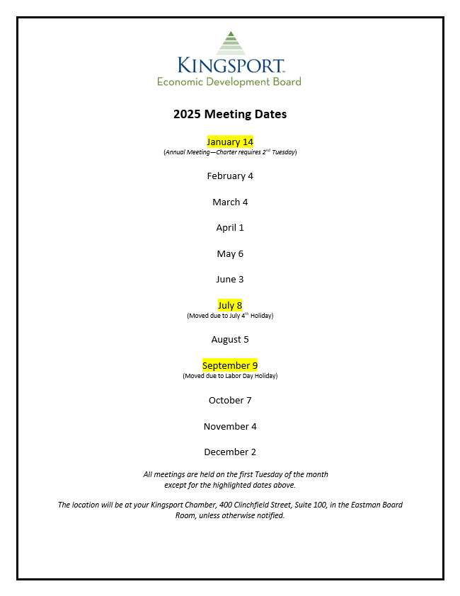Kingsport Economic Development Board Releases Meeting Dates For 2025 Main Photo