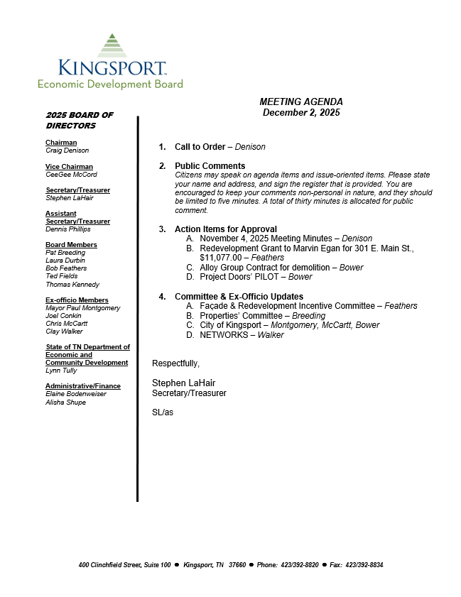 Kingsport Economic Development Board Meeting Agenda December 2nd, 2025 Photo