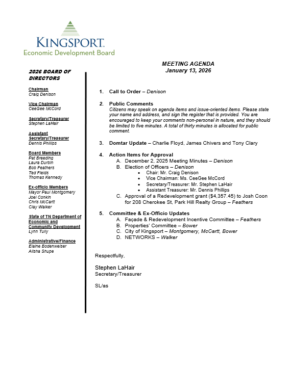 Thumbnail for Kingsport Economic Development Board Meeting Agenda January 13th, 2026