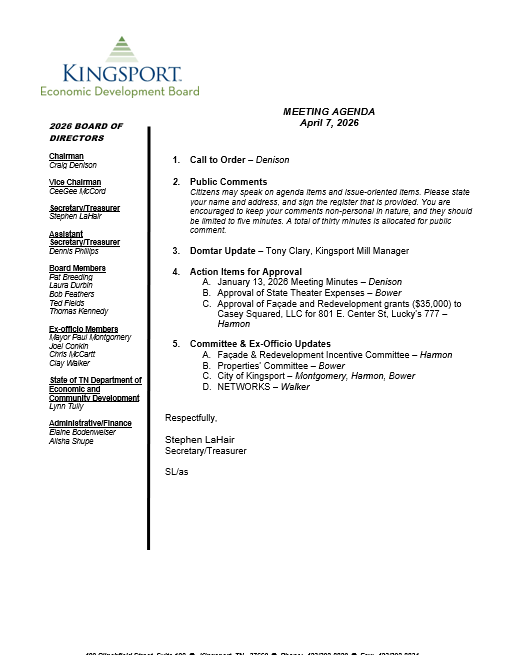 Kingsport Economic Development Board Meeting Agenda April 7th, 2026 Main Photo