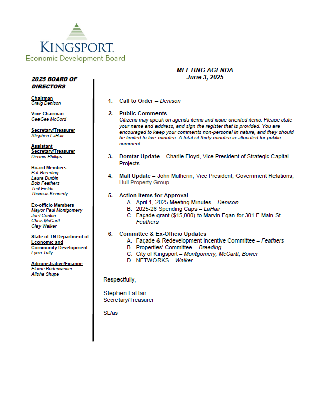 Thumbnail for Kingsport Economic Development Board Meeting Agenda June 3, 2025