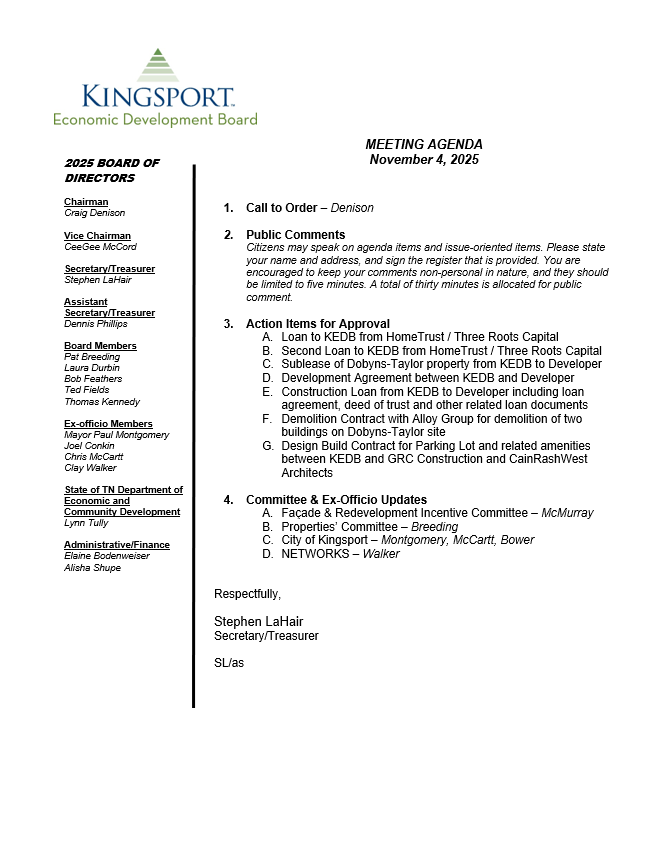 Thumbnail for Kingsport Economic Development Board Meeting Agenda November 4th, 2025