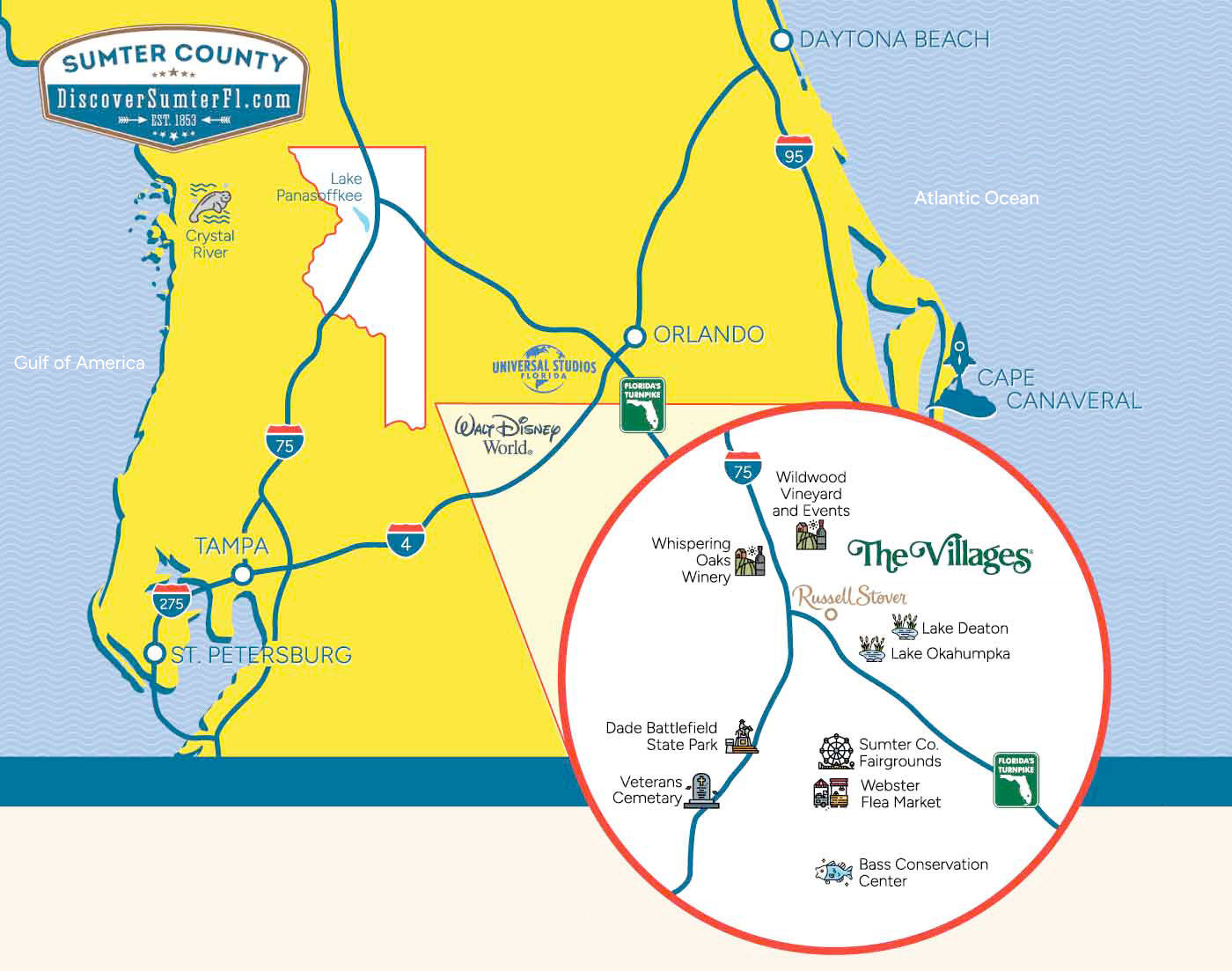 Sumter County, Florida location map showcasing the greater region and it's businesses.