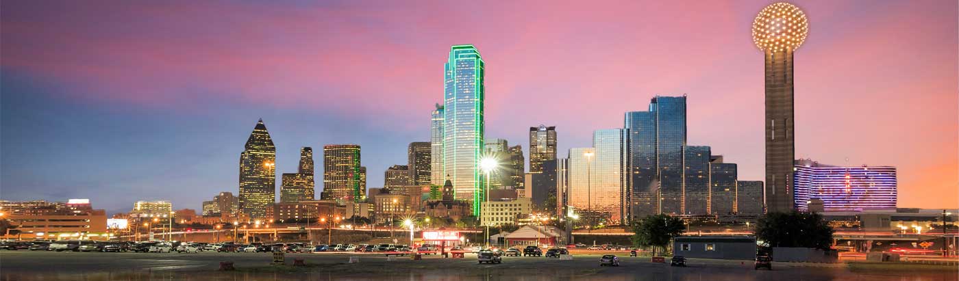 Downtown Dallas skyline with beautiful sunset sky
