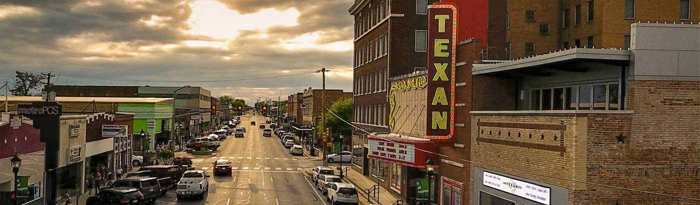 Downtown Greenville, TX at dusk
