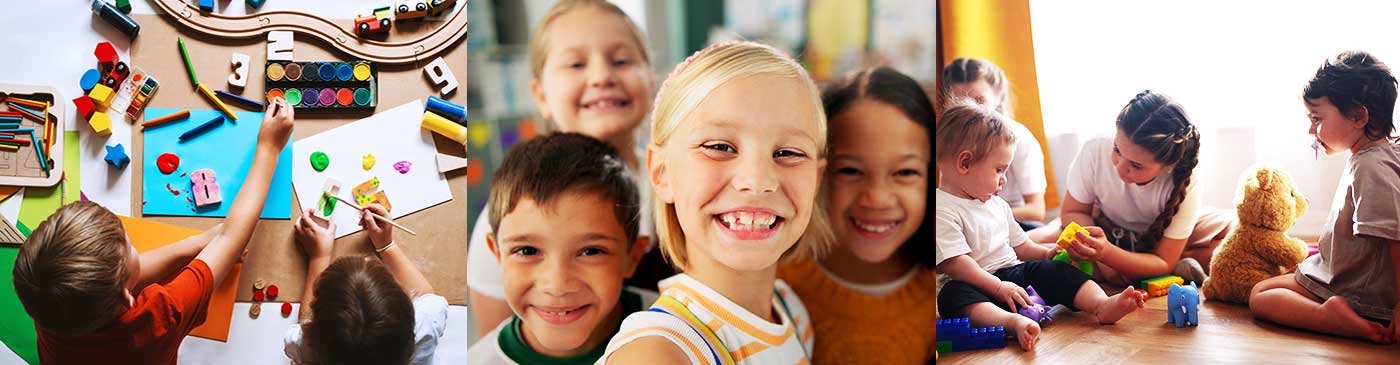 Children creating art, smiling, and playing together.