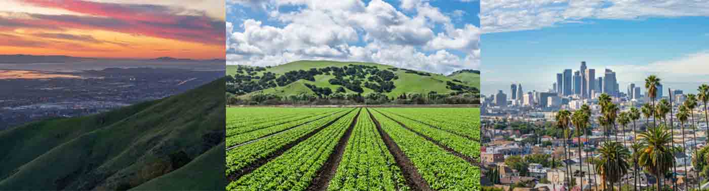 Landscape images of California's Silicon, Central Valley, and Los Angeles