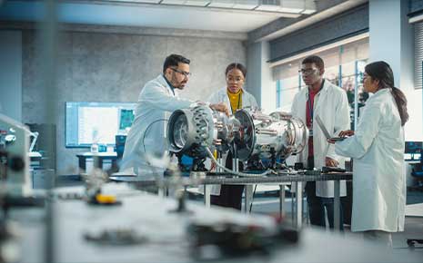 Aerospace engineers analyzing a turbofan