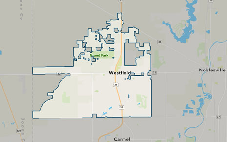 Westfield outlined on a map