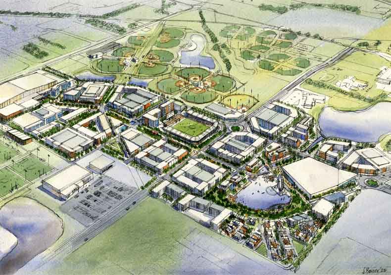aerial view of the Grand Park District in Westfield, IN artist rendering