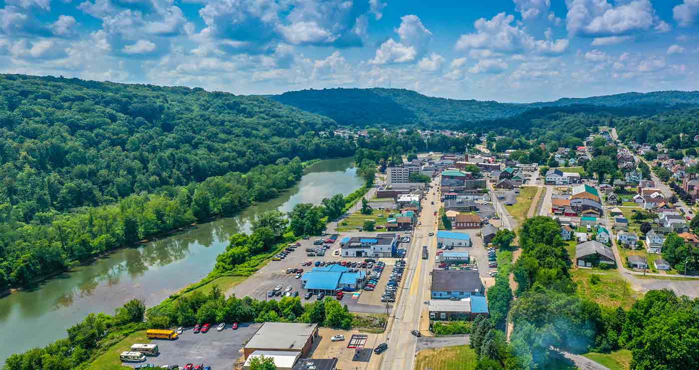 Aerial view of downtown Clarion, PA along the river