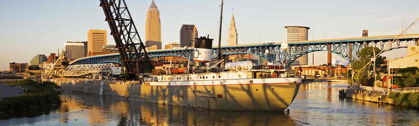 Large ship entering the port of Cleveland. Cleveland, Ohio, USA.