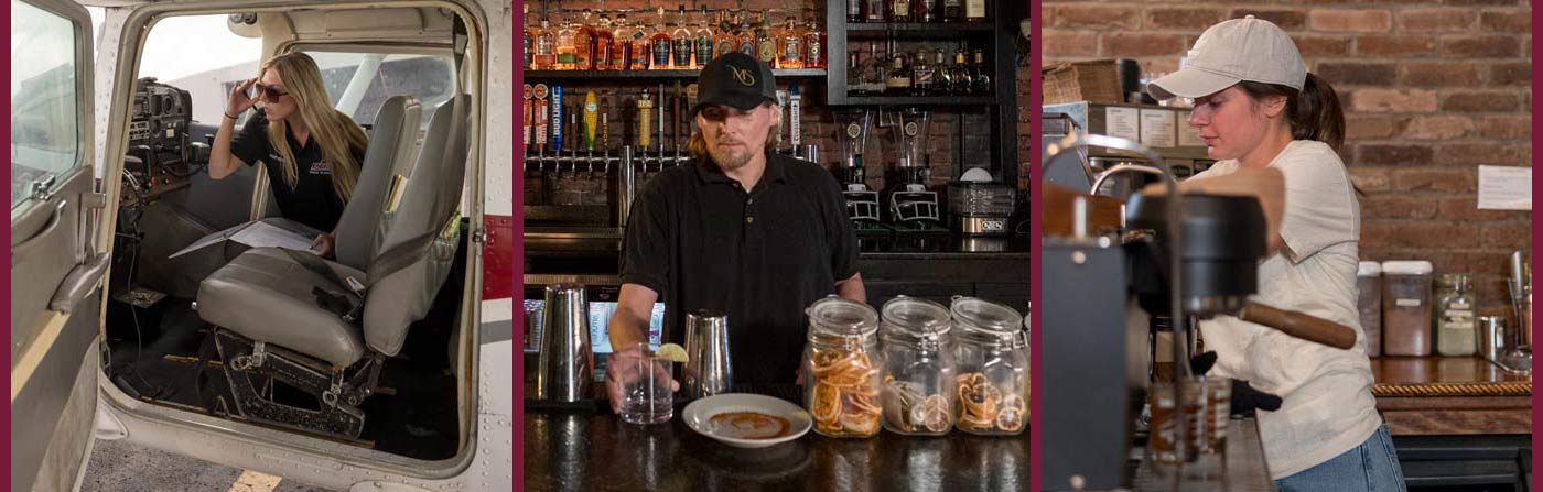 Richmond, KY, area talent featuring a woman checking an aircraft for flight, a bartender making a cocktail, and a local barista preparing coffee