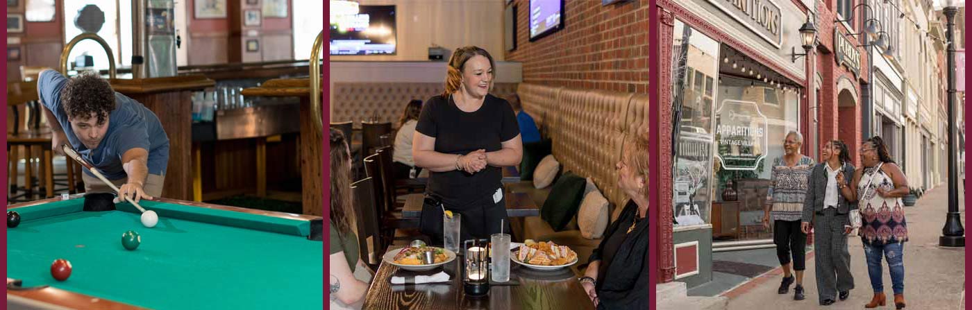 Collage of 3 images: man playing pool, waitress at a restaurant smiling at guests, and 3 women walking down main street Richmond, KY