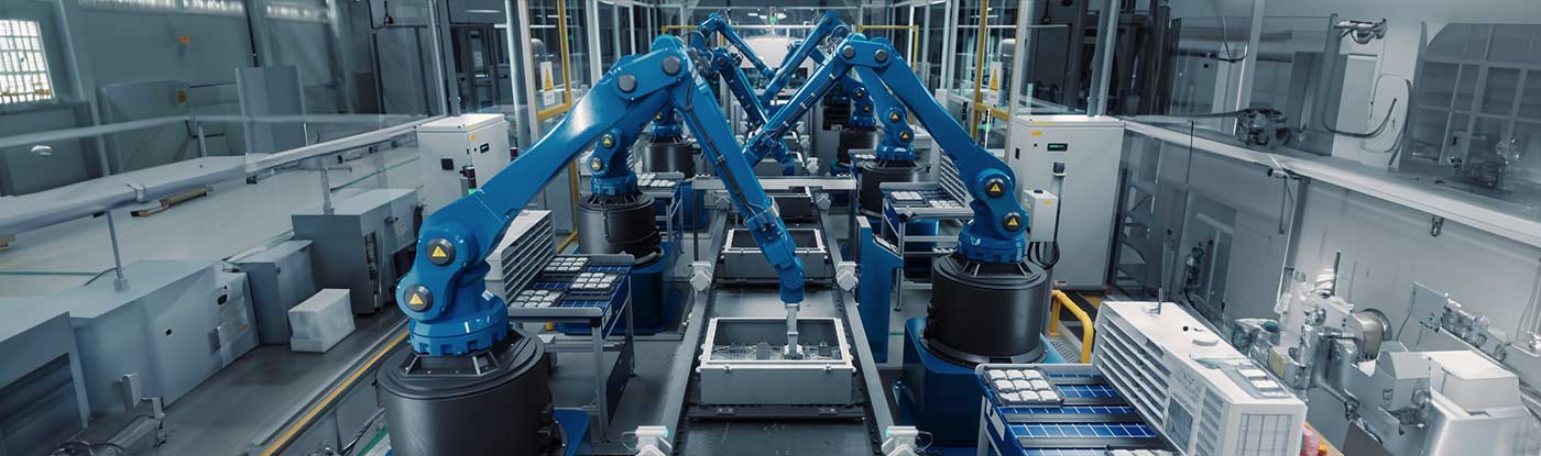 advanced manufacturing production line with blue robotic arms