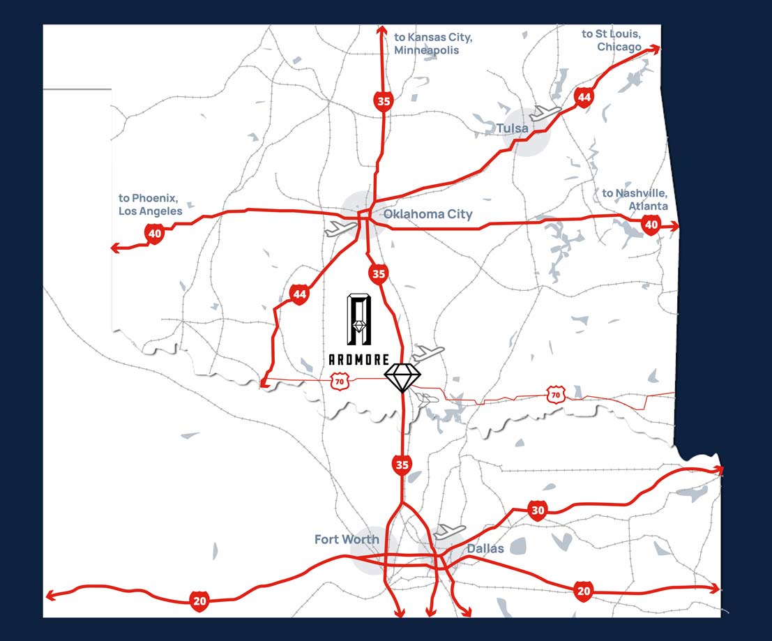 map of Oklahoma showing the location of Ardmore and its transportation access to major US cities