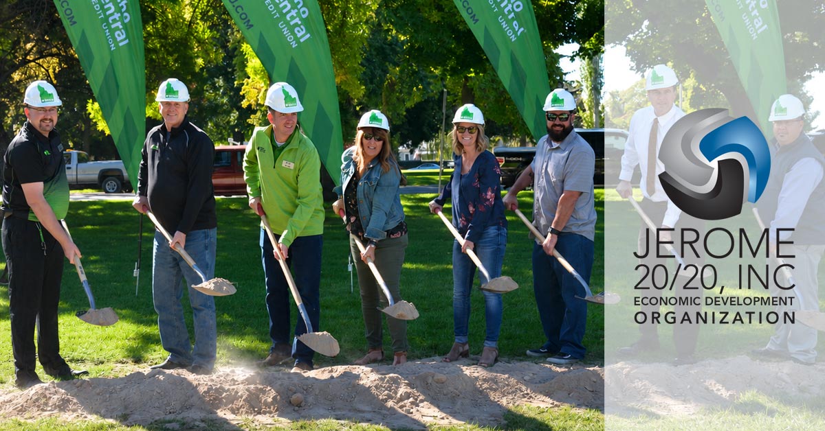 The image shows local officials and community members participating in a groundbreaking ceremony for Jerome 20/20, Inc.