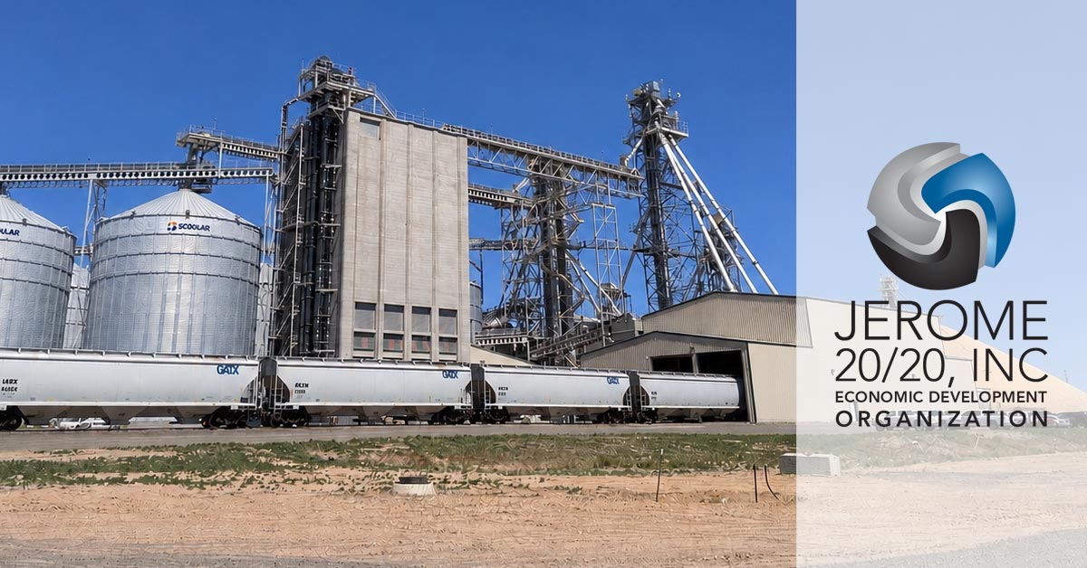 The image features a large agricultural grain elevator and storage facility paired with the logo for Jerome 20/20, Inc.