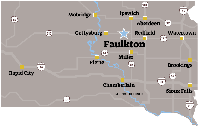 South Dakota state outline with Faulkton centered with a large star.