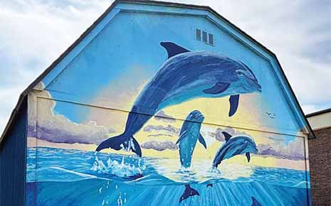 public art of dolphins on a barn in yukon, ok