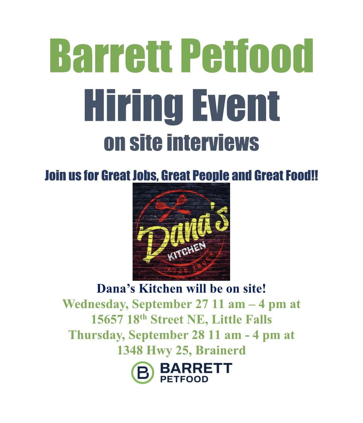 Barrett Petfood Innovations Hiring Event - Sept. 27 and 28th! Photo