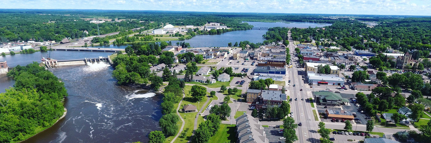 aerial view of downtown Little Falls, MN
