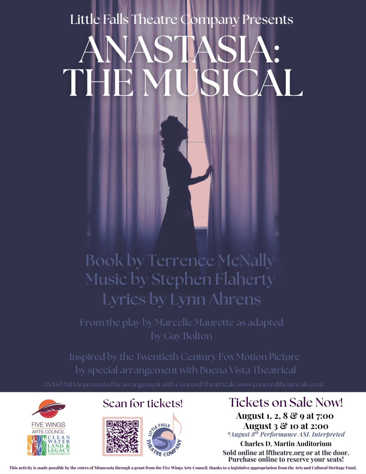 Tickets for Anastasia: The Musical are ON SALE NOW at https://www.lftheatre.org/anastasia-2025.html... Thanks to support from the Five Wings Arts Council, our August 8th performance will be ASL Interpreted!  We are excited to debut our official designs for Anastasia: The Musical. This poster will soon start popping up around Little Falls and the surrounding area!  Performances: ✨August 1st at 7 p.m. ✨August 2nd at 7 p.m. ✨August 3rd at 2 p.m. ✨August 8th at 7 p.m. (ASL Interpreted) ✨August 9th at 7 p.m. ✨August 10th at 2 p.m.