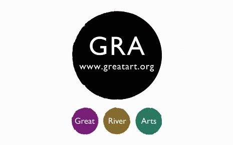 The image shows one large black circle with the Great River Arts (GRA) logo and three small circles in violet, gold, and green.