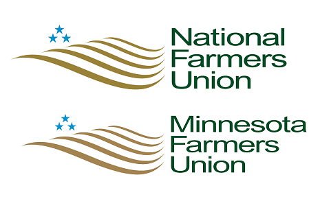 This images shows two similar logos for the National Farmers Union and the Minnesota Farmers Union with three blue stars over five wavy lines symbolizing a rolling, plowed golden field.