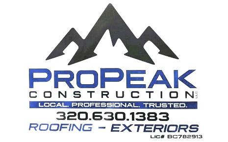 The image shows ProPeak Construction's logo of three mountain-like peaks, the company name and phone number 320.630.1383