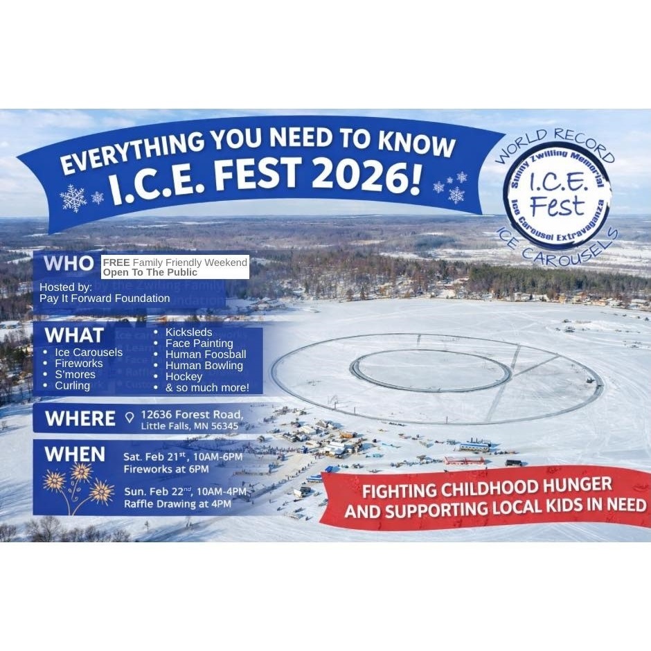 Who, What, Where, When for ICE Fest 2026 from Sunny Zwilling Memorial Ice Carousel Extravaganza- ICE Fest happening on Saturday, 2/21 from 10am-6pm with fireworks at 6pm, Sunday 2/22, from 10am-4pm.