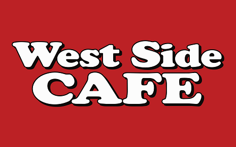 This image shows the West Side Cafe in bright white lettering outlined in black on a vivid red background.
