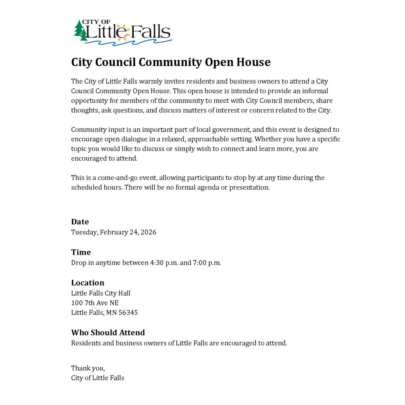 Image is the letter about the Little Falls City Council Community Open House.