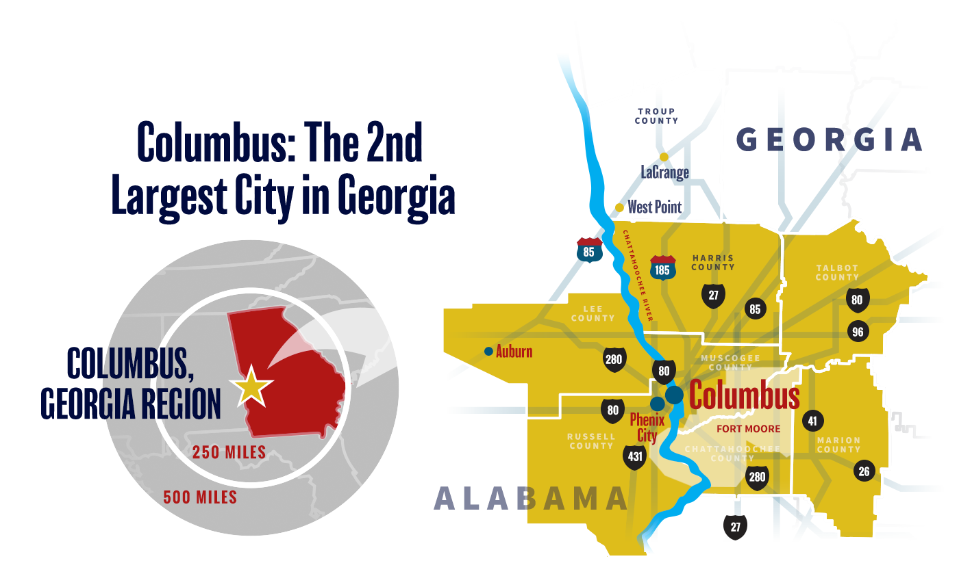 Location map that says, 'Columbus: The 2nd Largest City in Georgia' which shows a star in the state of Georgia where Columbus is located. It's in the upper southwestern portion of the state.