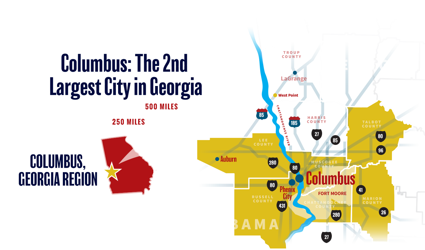 Location map that says, 'Columbus: The 2nd Largest City in Georgia' which shows a star in the state of Georgia where Columbus is located. It's in the upper southwestern portion of the state.