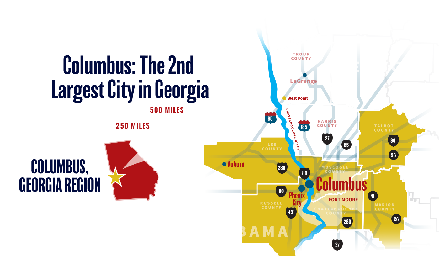 Map showing Columbus, GA as the 2nd largest city in GA