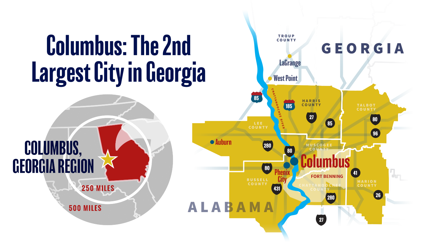 Location map that says, 'Columbus: The 2nd Largest City in Georgia' which shows a star in the state of Georgia where Columbus is located. It's in the upper southwestern portion of the state.