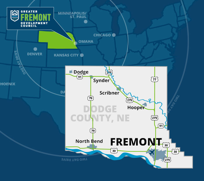 Fremont, Nebraska's location map showcasing the region, the state of Nebraska, and the surrounding states.